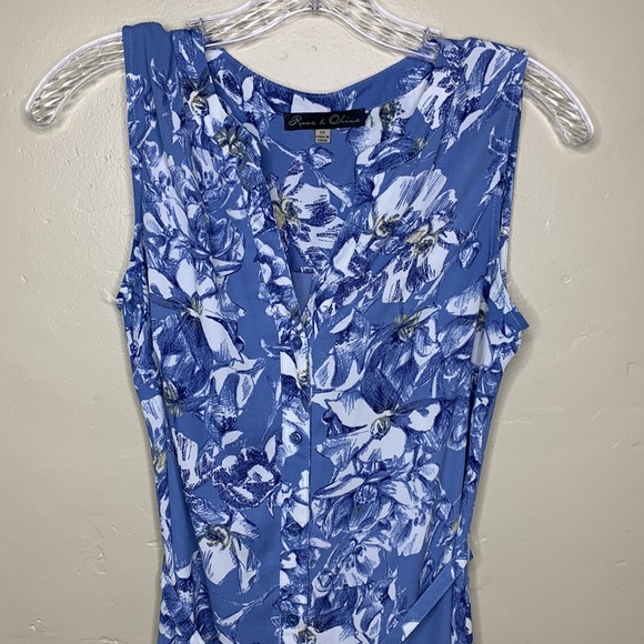 ROSE & OLIVE Shirt Dress Blue White Floral Button Front Belted Sleeveless XS - Picture 6 of 12